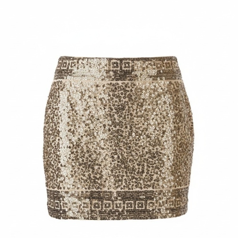 Express Womens Mini Skirt Sequin Pima Cotton Gold Party Night Out XS - Picture 2 of 7